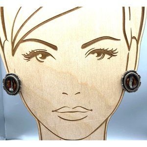 Vintage Faceted Cased Lucite Earrings, Chunky Rootbeer Ovals in Silver Tone